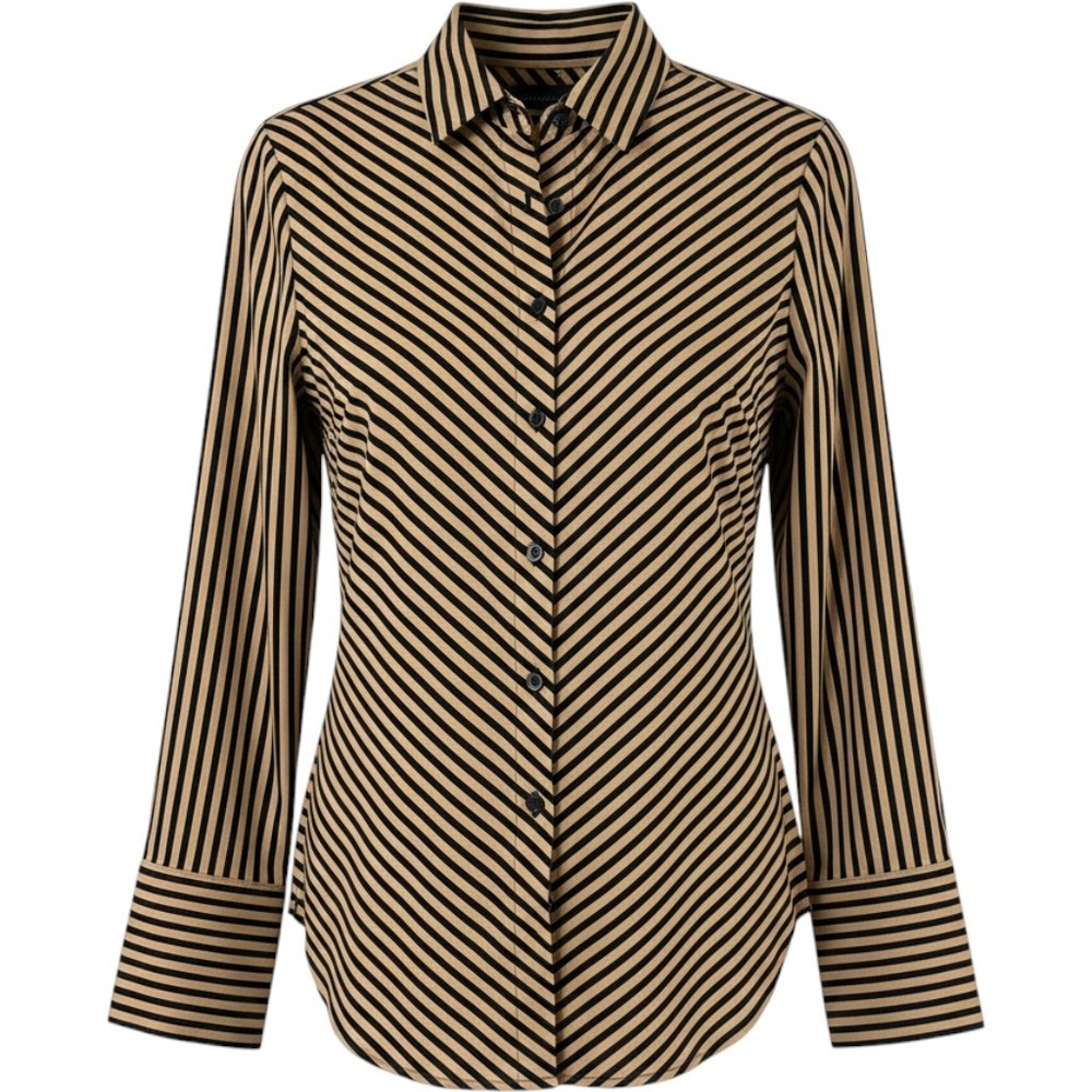 Chico's Striped Button Down Shirt Women 2 L Tan Black Excellent Long Sleeve